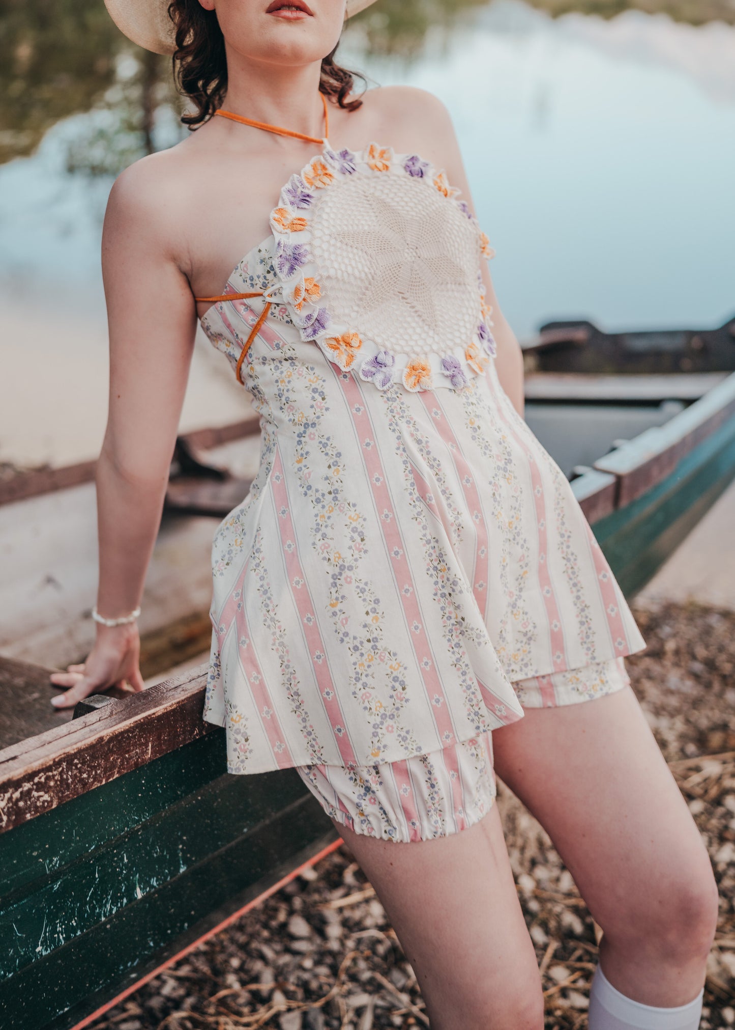 'Maebh' Playsuit in Pink Floral Stripe UK 12